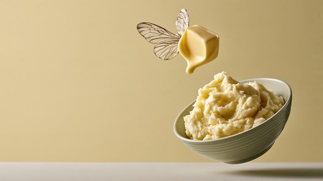 Funny levitating mashed potatoes with floating melting butter, holiday photo