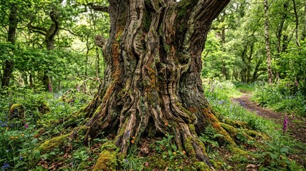 Fototapeta premium Ancient gnarled oak tree with mossy bark in a lush green forest with a winding path