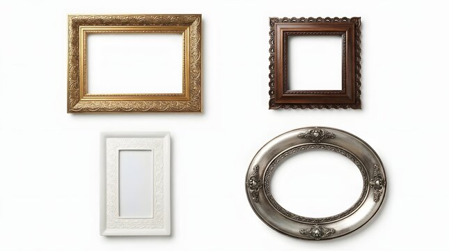 Assorted ornate photo frames in gold wood white and silver materials set against plain white background