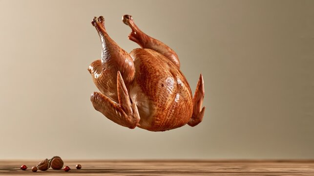 Cozy floating roast turkey with escaping drumsticks, holiday photo