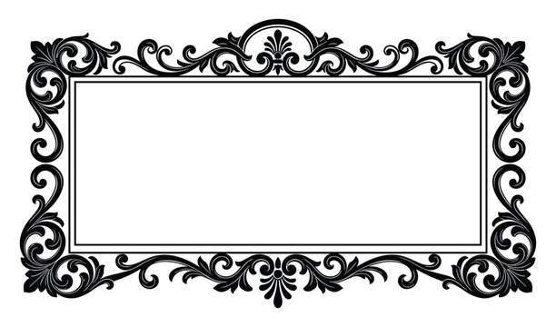 Black silhouette of an ornate rectangular frame with baroque flourishes for design elements.