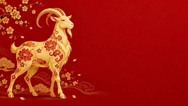 Golden goat decorated with traditional floral patterns on red Chinese New Year background with plum blossoms, clouds and copy space for festive celebration