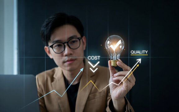 Asian businessman holding light bulb with cost reduction and quality improvement growth charts concept