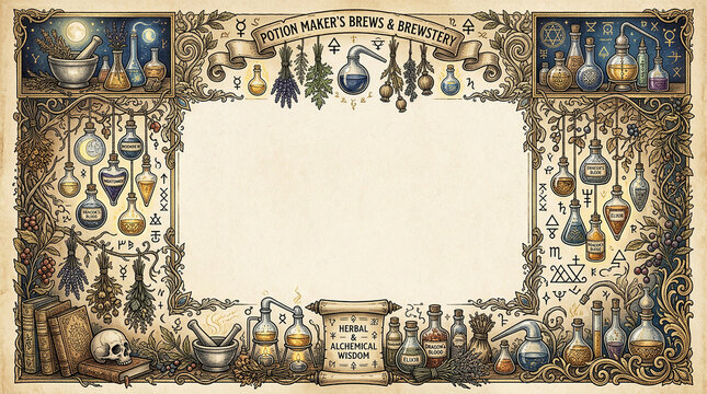 Potion maker brew frame featuring herbal ingredients mystical bottles and alchemical laboratory tools for magic recipes.