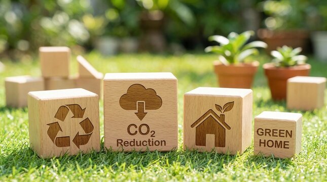 Wooden blocks with environmental symbols like recycling, CO2 reduction, and green home icons, symbolizing ecological conservation and sustainable living.