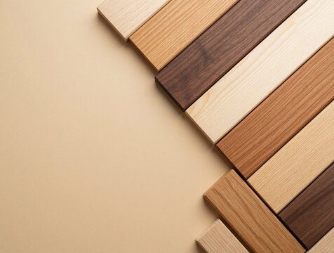 Diagonal arrangement of various wood planks on beige background. Natural timber boards show different colors, textures from light oak to dark walnut. Minimalist pattern of wooden strips creates