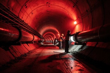 Fototapeta premium Construction workers install large water pipeline in dark underground tunnel. Team of laborers work on industrial piping system with red safety lights. Engineers manage utility infrastructure project