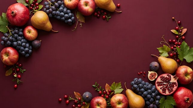 Festive Thanksgiving border frame composition featuring fresh autumn fruits including apples, pears, grapes, pomegranates, figs, and leaves arranged neatly on a solid dark red background wit