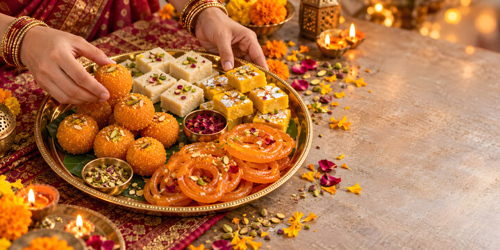 Hands arranging an assorted Diwali sweets platter