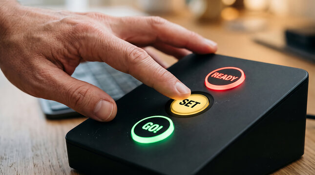 Person pressing illuminated set button on modern control panel device