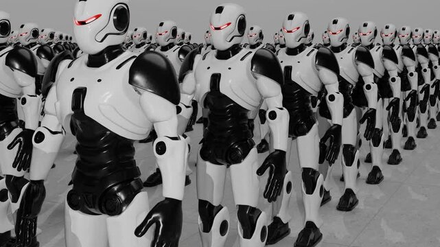 Army of Identical Futuristic Robots with Glowing Red Eyes Standing in Organized Formation, Representing AI and Automation