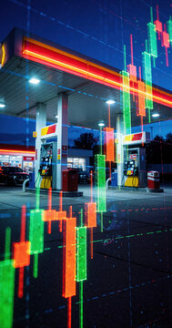Financial stock market charts overlay gas station at night. Green, red candlestick graphs show rising fuel prices, energy cost trends. Economic data visualizes oil market volatility, inflation impact
