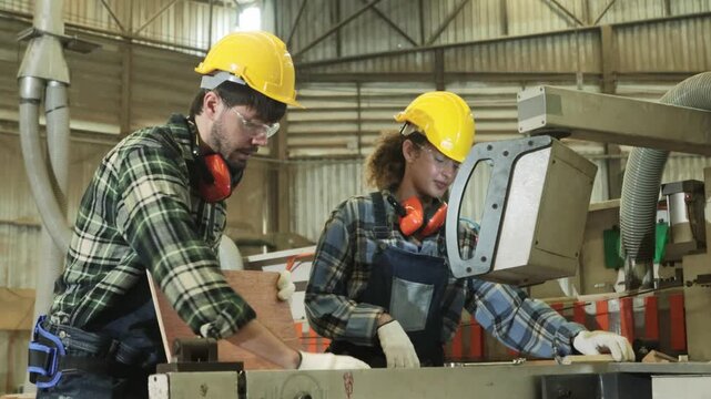 Workers safety gear ensure maximum safety operating the machinery : Male and female carpenter operate wood cutting machinery design furniture plywood factory manufactures various wood products.