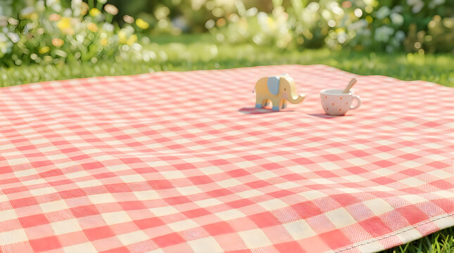 Pink and white checkered picnic blanket spread out on green grass in a sunny garden