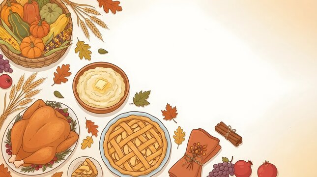 Happy thanksgiving corner background with roasted turkey and autumn feast illustration