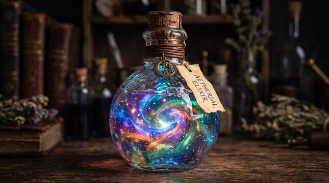 Magical Aetherial Elixir Potion in a Glass Bottle with Galaxy Swirls and Celestial Charm
