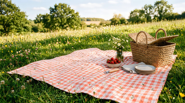 Picnic basket and blanket with plates on green grass in a sunny field