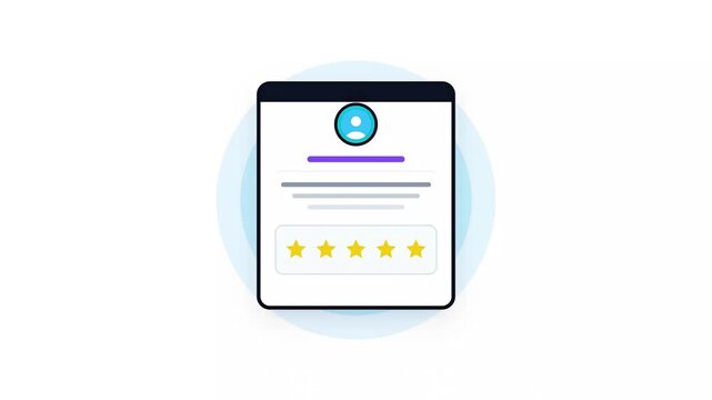 2D animation of a user profile card displaying a sequential five-star rating. Minimalist design illustrating customer satisfaction and digital feedback.