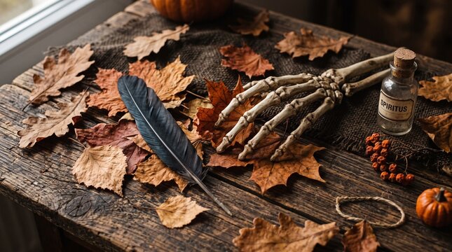 Halloween still life with skeleton hand quill pen dried leaves and spiritus bottle on rustic wood