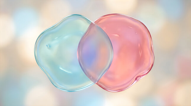 Two overlapping circles of blue and pink liquid gel isolated on a white background