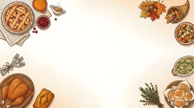 Happy thanksgiving food background with roasted turkey and autumn feast illustration