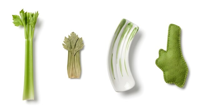 Celery stalks and green leaf textures on white background for health and diet concepts