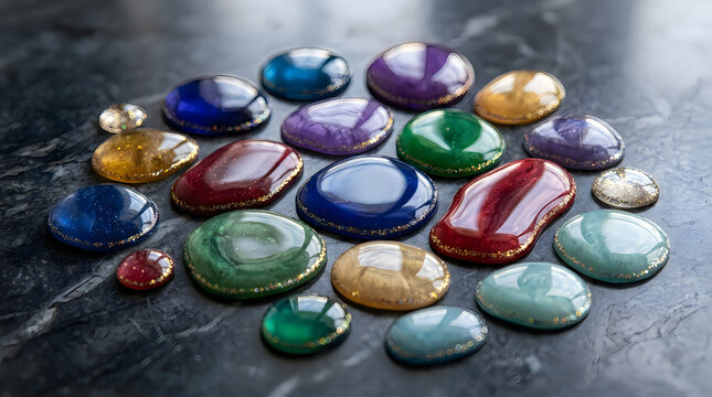 Collection of colorful shiny round stones or polished gems arranged on a dark reflective surface