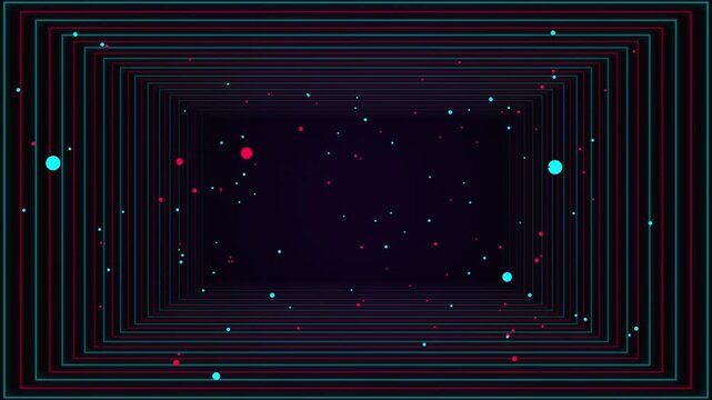 Futuristic neon rectangular tunnel loop with glowing red and blue particles flying in dark space