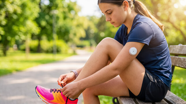 Teenage girl sitting on park bench and tying running shoe laces while wearing round glucose sensor on arm. Insulin dependent diabetes, medical symptoms and lifestyle diabetic concept with copy space.