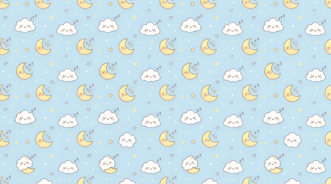 Seamless pattern with cute pixel art clouds and smiling sun characters on a light grey background