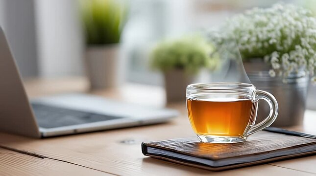 Warm cup of herbal tea steaming on a wooden desk next to a laptop and notebook cozy workspace with plants and natural light for remote work or studying