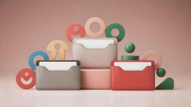 Three wallets with colorful floating icons and shapes