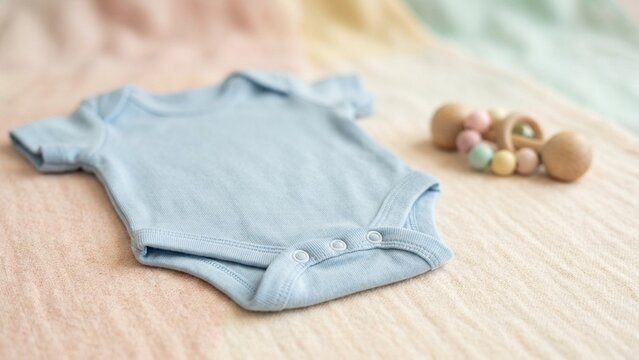 Cute Blue Baby Bodysuit & Wooden Rattle on Soft Pastel Fabric