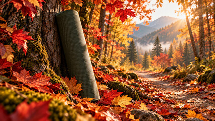 Naklejka premium Yoga mat rests against tree on autumn forest trail, surrounded by colorful leaves, outdoor wellness scene with warm sunlight