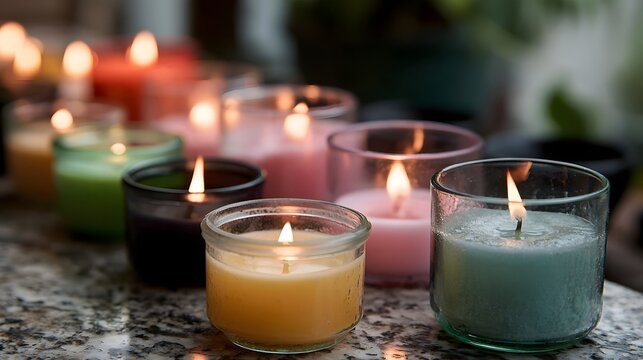 A row of lit candles in various colored glass holders arranged on a stone surface  softly glowing with warm light