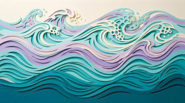 Abstract paper cut style ocean waves with blue and teal layers
