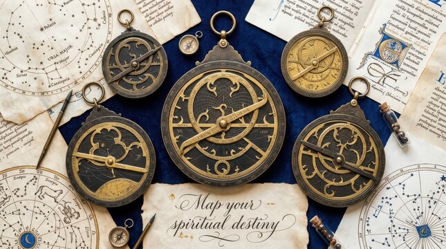Antique navigational instruments and celestial charts, mapping spiritual destiny