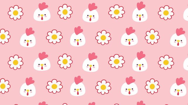 Seamless animated pattern of cute chickens and daisies on pink background