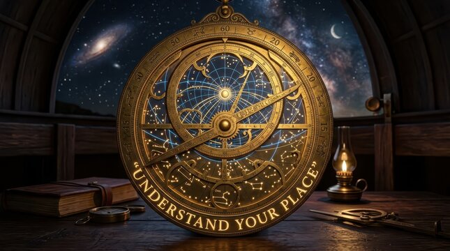 Antique Astrolabe Celestial Navigation Tool Under Starry Night Sky