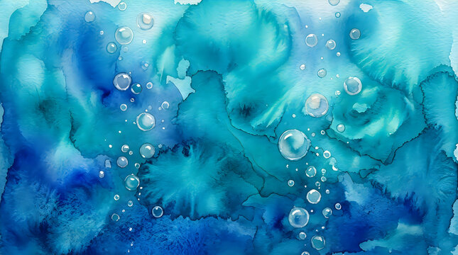 Abstract blue watercolor background with floating bubbles and liquid texture