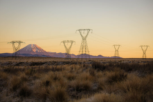 View of Mount Ruapehu at sunset with electricity pylons stretching across the tussock landscape in Waiouru, Manawatu-Whanganui, New Zealand.