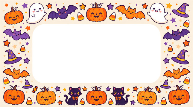 Cute cartoon halloween border frame with happy pumpkins ghosts bats and witch hats on cream background for seasonal invitations.