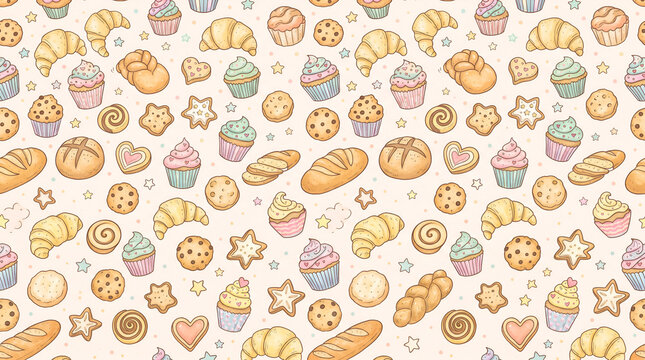 seamless pattern of croissants, cupcakes, cookies, bread loaves, and tiny stars, charming hand-drawn illustration style, playful pastel palette