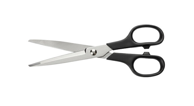 Silver office scissors with black plastic handles isolated on transparent background.