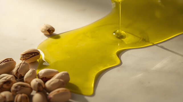 Pistachio oil spill with shelled pistachios on kitchen surface high-resolution photo