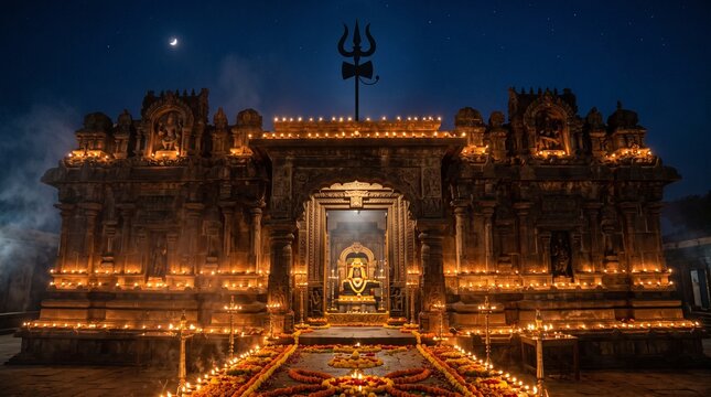 Kalabhairav Jayanti ancient Shiva temple illuminated by brass oil lamps at night