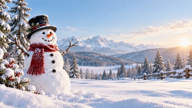 Snowman Stands in a Winter Landscape With Mountains and Trees During Sunset