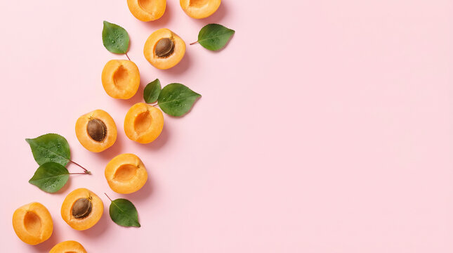 Fresh sliced apricots with green leaves arranged on a soft pastel pink background with copy space