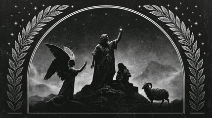 Fototapeta premium Dramatic monochrome depiction of Abraham prepared to sacrifice Isaac on Mount Moriah as the angel of the Lord intervenes and a ram appears as a divinely provided substitute