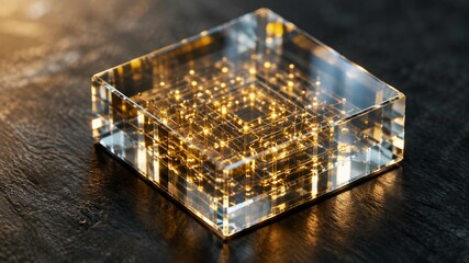 Fototapeta premium Optical glass microchip processor with glowing golden circuit matrix on dark slate, quantum computing hardware concept 